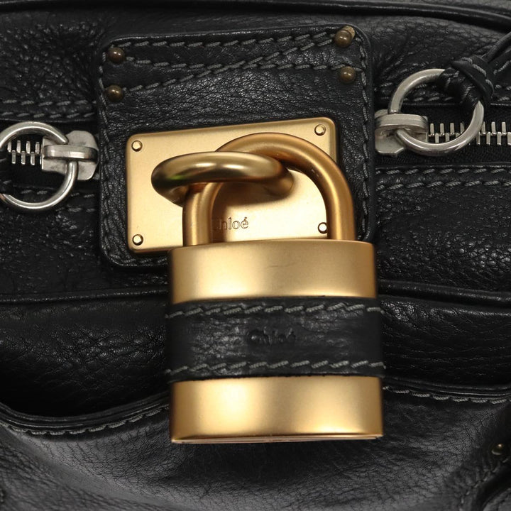 Chloe Paddington Hand Bag Leather Black Gold Silver am7256