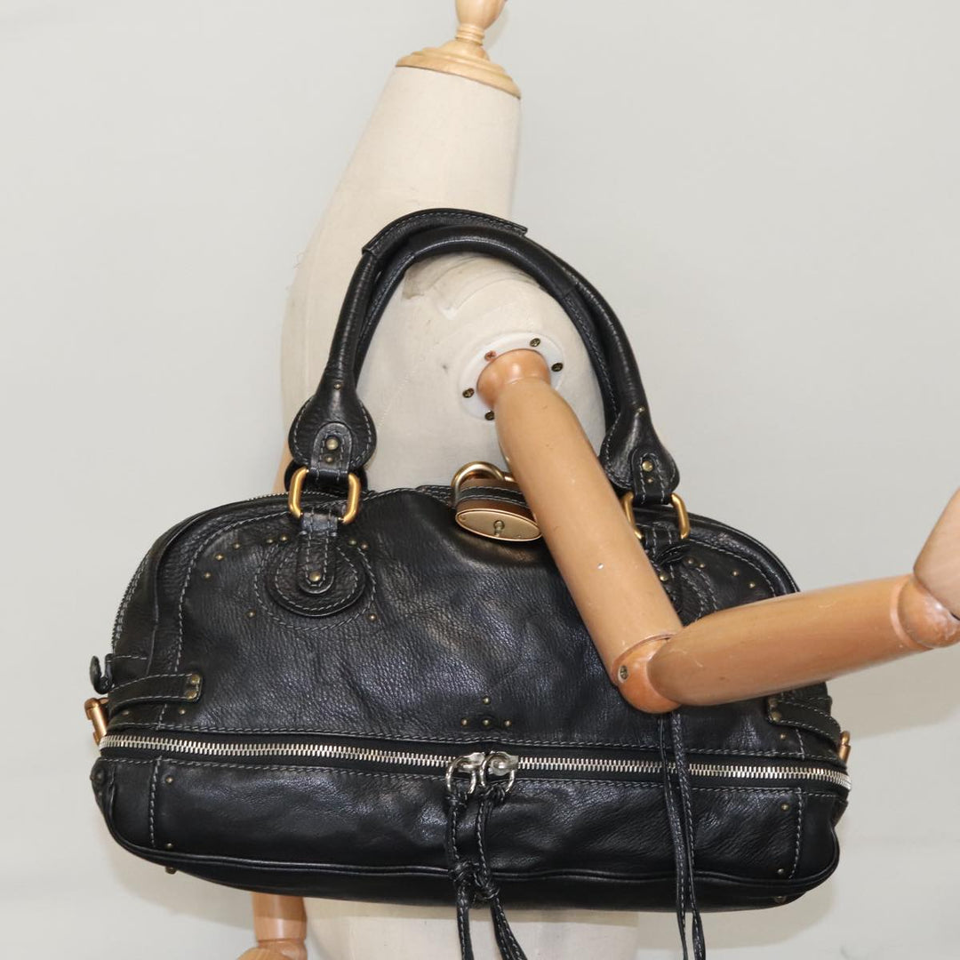 Chloe Paddington Hand Bag Leather Black Gold Silver am7256