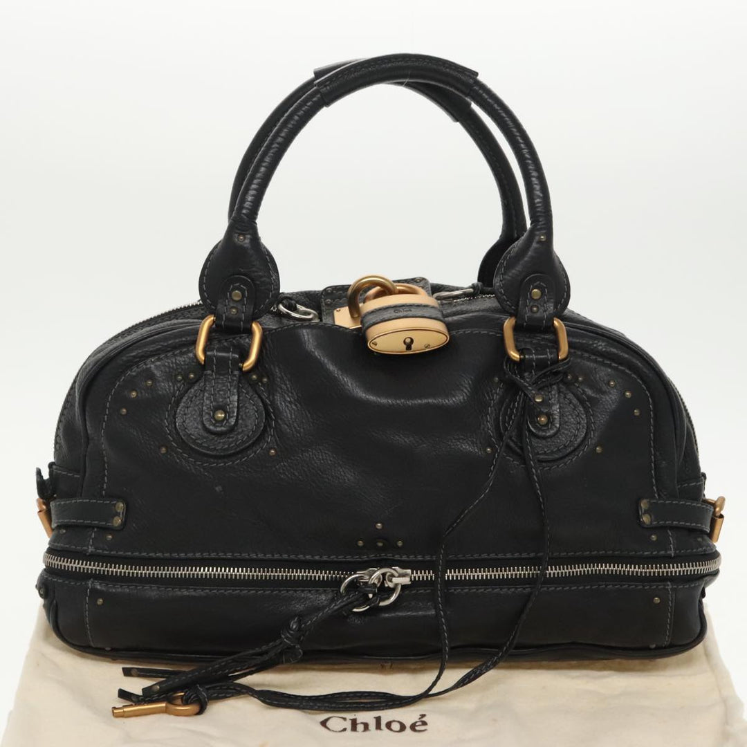 Chloe Paddington Hand Bag Leather Black Gold Silver am7256