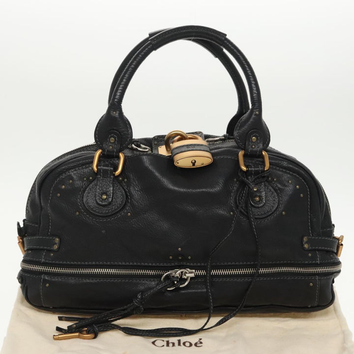 Chloe Paddington Hand Bag Leather Black Gold Silver am7256