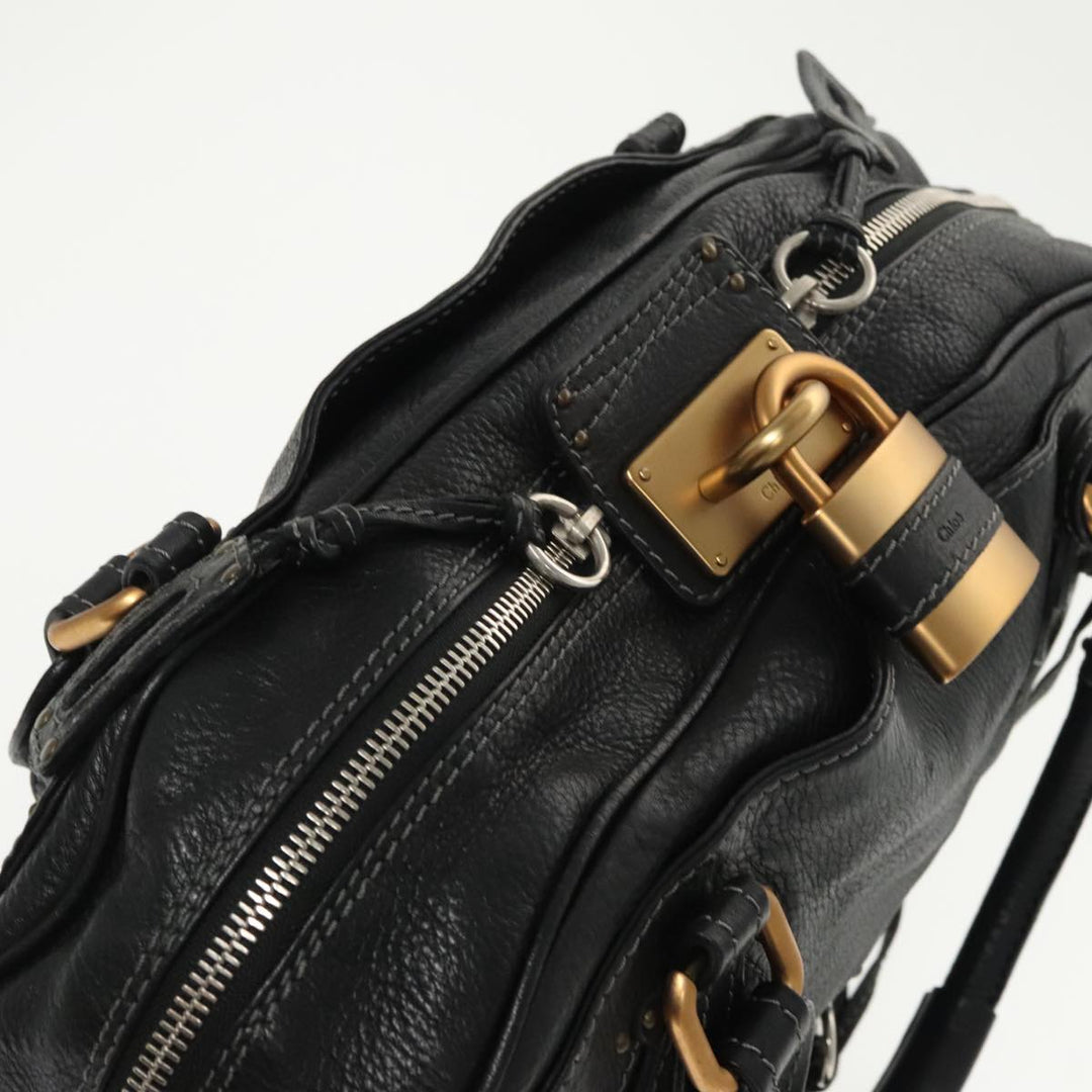 Chloe Paddington Hand Bag Leather Black Gold Silver am7256