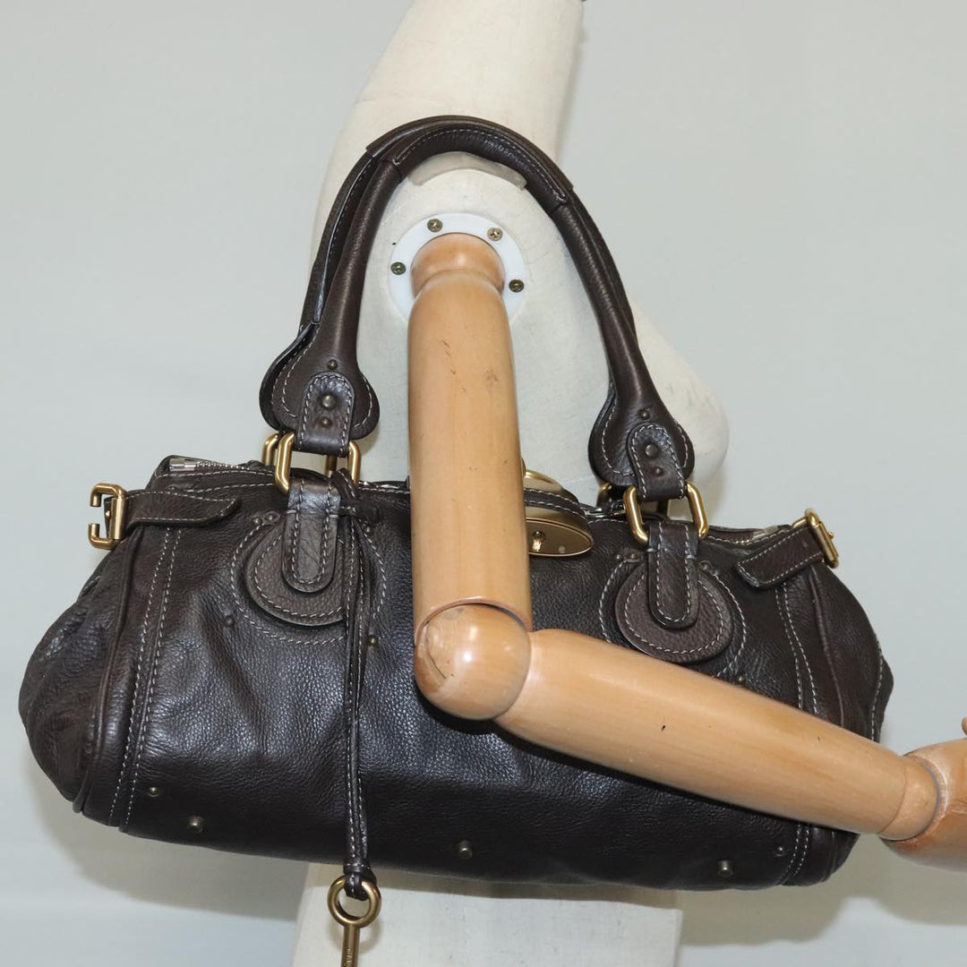 Chloe Paddington Hand Bag Leather Dark Brown Gold Silver am7292