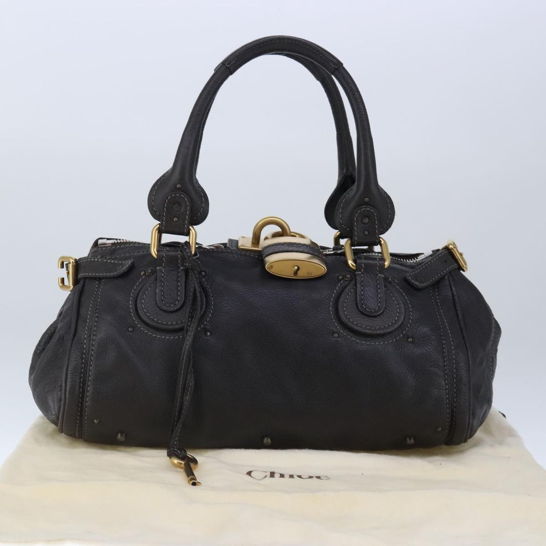 Chloe Paddington Hand Bag Leather Dark Brown Gold Silver am7292