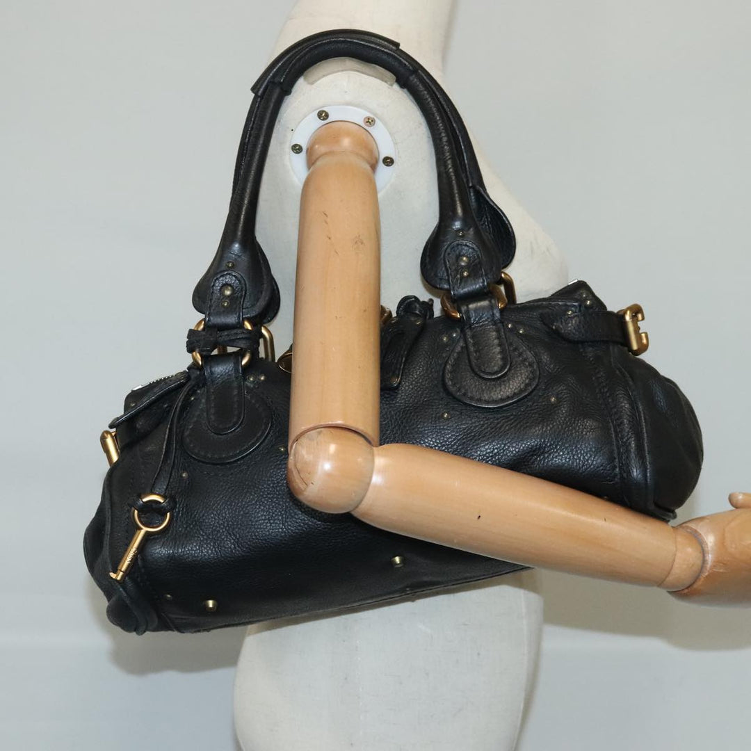 Chloe Paddington Hand Bag Leather Black Gold Silver am7294