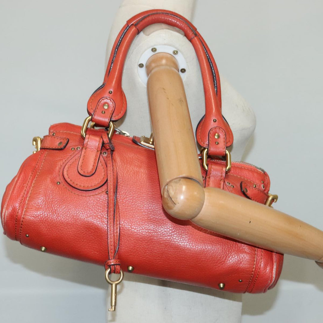Chloe Paddington Hand Bag Leather Red Gold Silver am7297