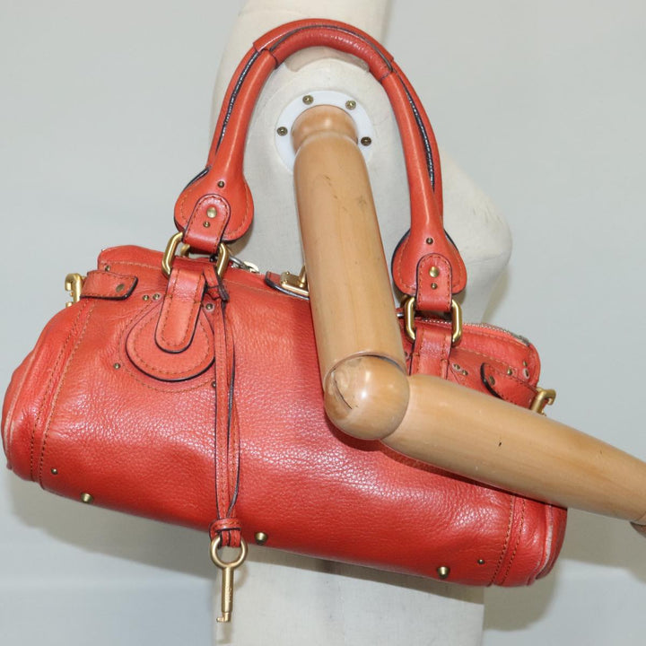 Chloe Paddington Hand Bag Leather Red Gold Silver am7297