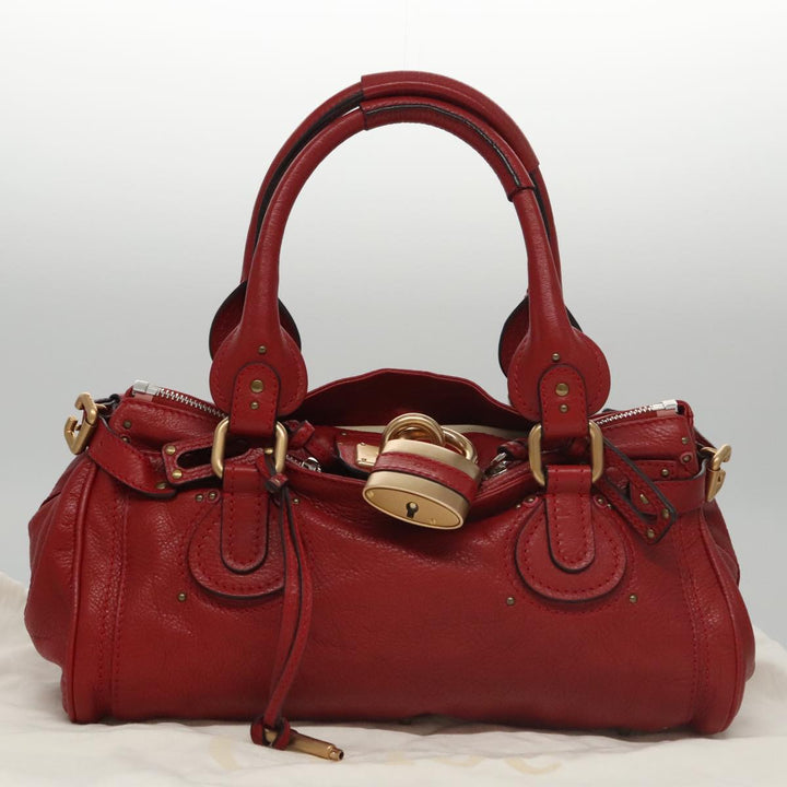 Chloe Paddington Hand Bag Leather Red Gold Silver am7383