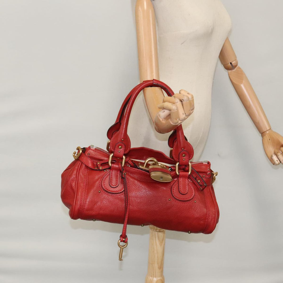 Chloe Paddington Hand Bag Leather Red Gold Silver am7383