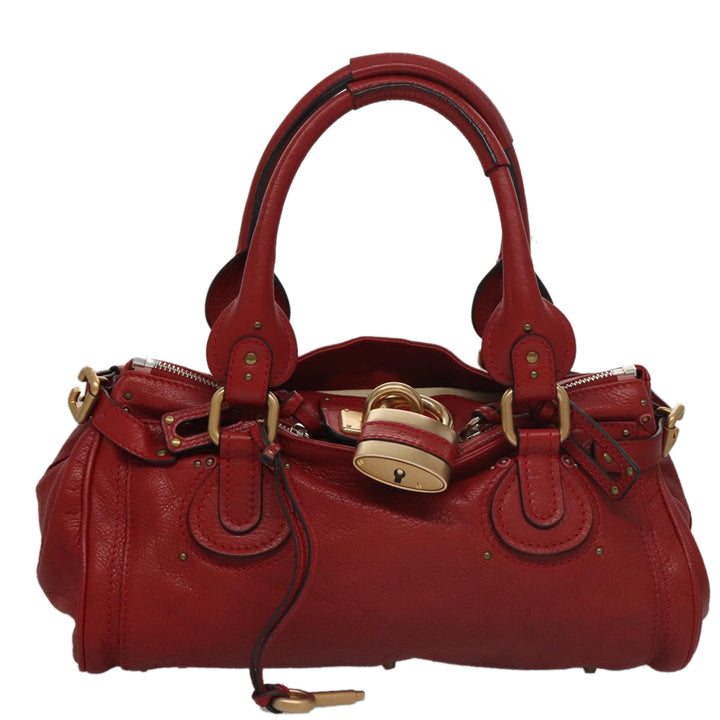 Chloe Paddington Hand Bag Leather Red Gold Silver am7383