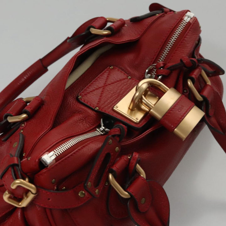 Chloe Paddington Hand Bag Leather Red Gold Silver am7383