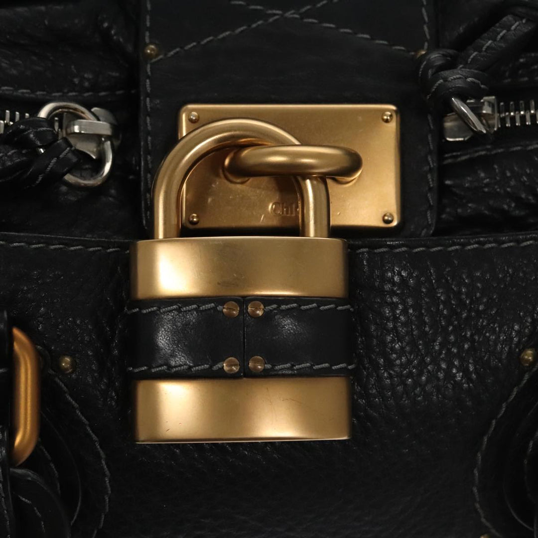 Chloe Paddington Hand Bag Leather Black Gold Silver am7385