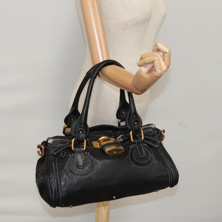 Chloe Paddington Hand Bag Leather Black Gold Silver am7385