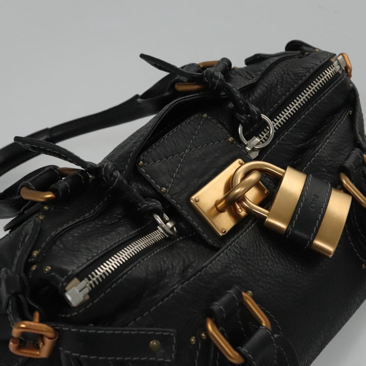 Chloe Paddington Hand Bag Leather Black Gold Silver am7385