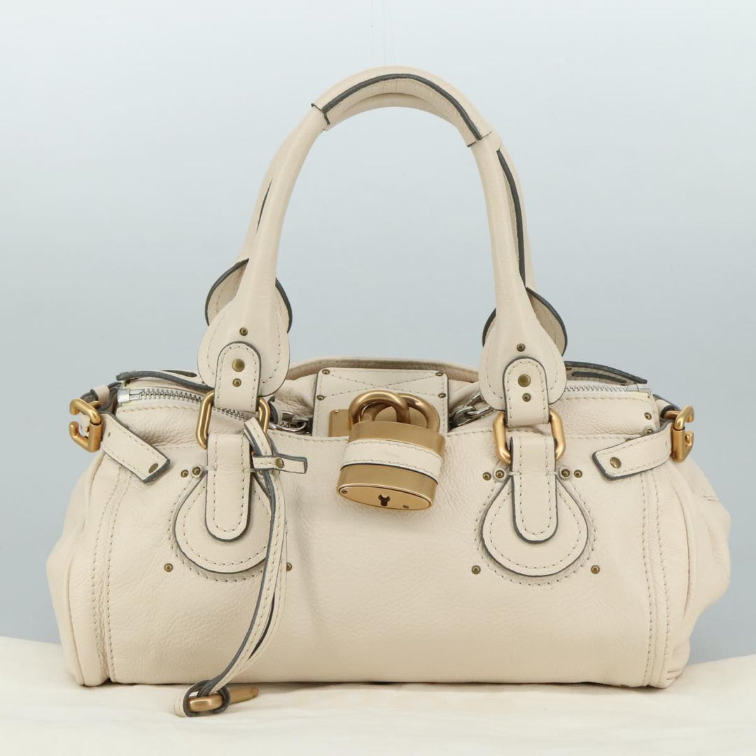 Chloe Paddington Hand Bag Leather White Gold Silver am7419