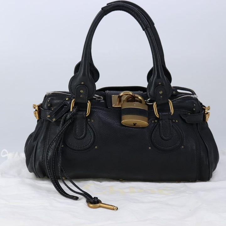 Chloe Paddington Hand Bag Leather Black Gold Silver am7425