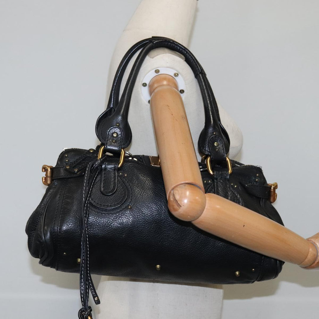 Chloe Paddington Hand Bag Leather Black Gold Silver am7425