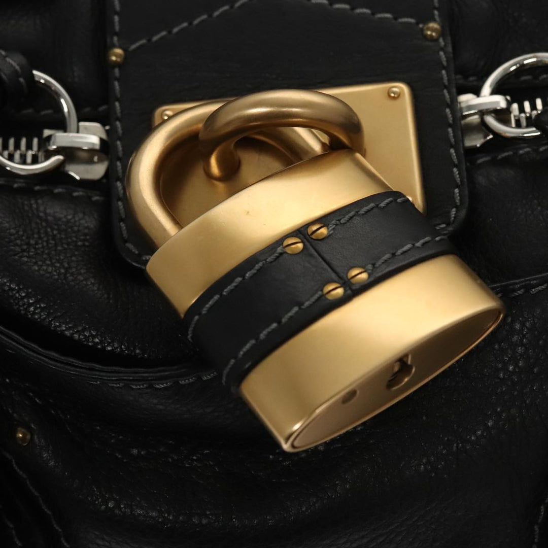 Chloe Paddington Hand Bag Leather Black Gold Silver am7438