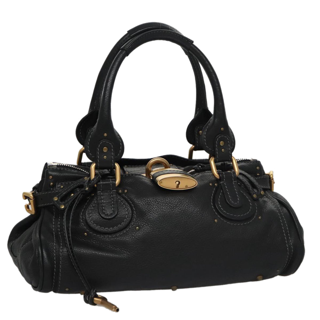 Chloe Paddington Hand Bag Leather Black Gold Silver am7438