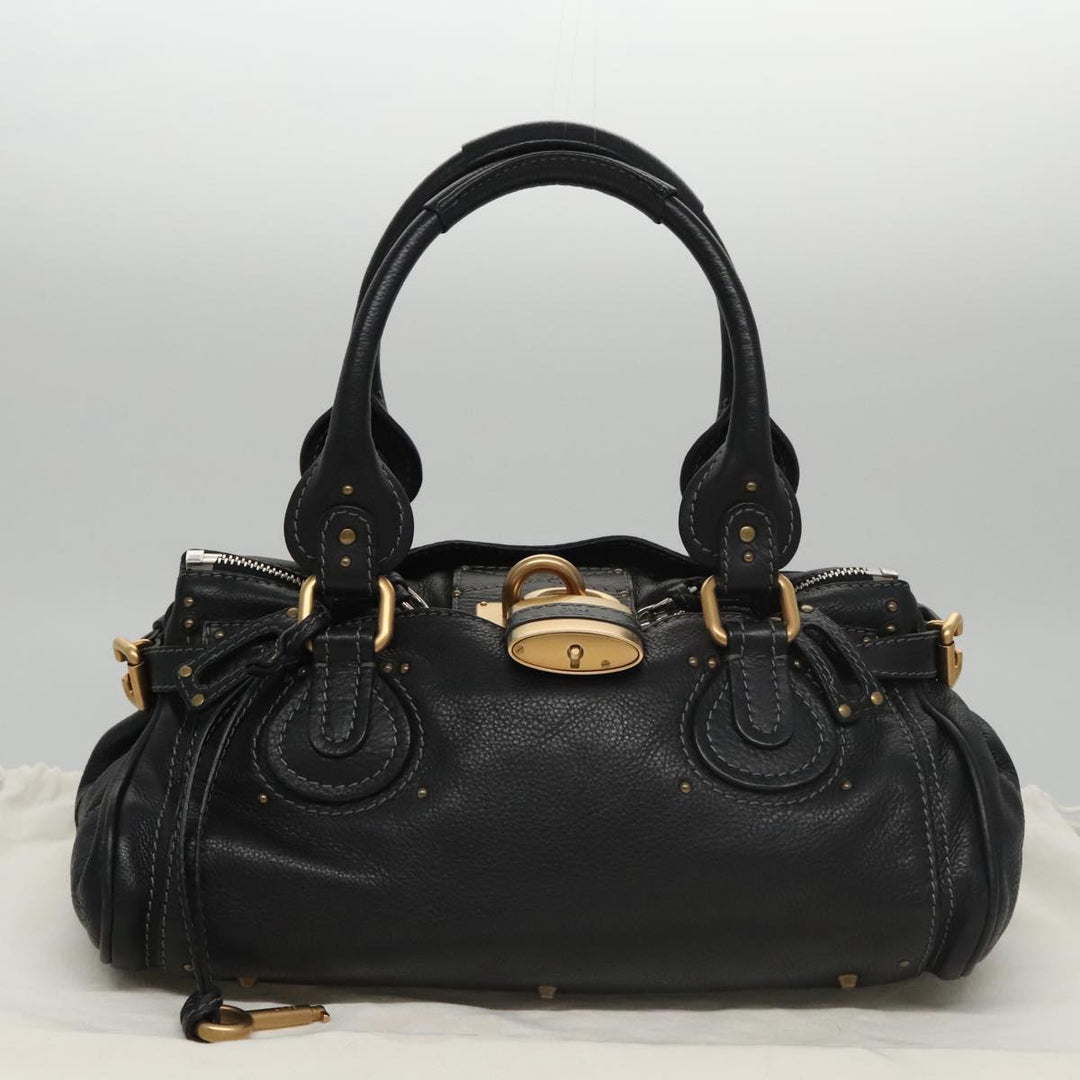 Chloe Paddington Hand Bag Leather Black Gold Silver am7438