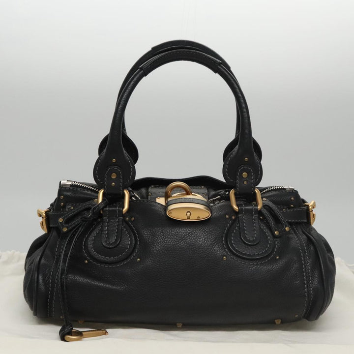 Chloe Paddington Hand Bag Leather Black Gold Silver am7438