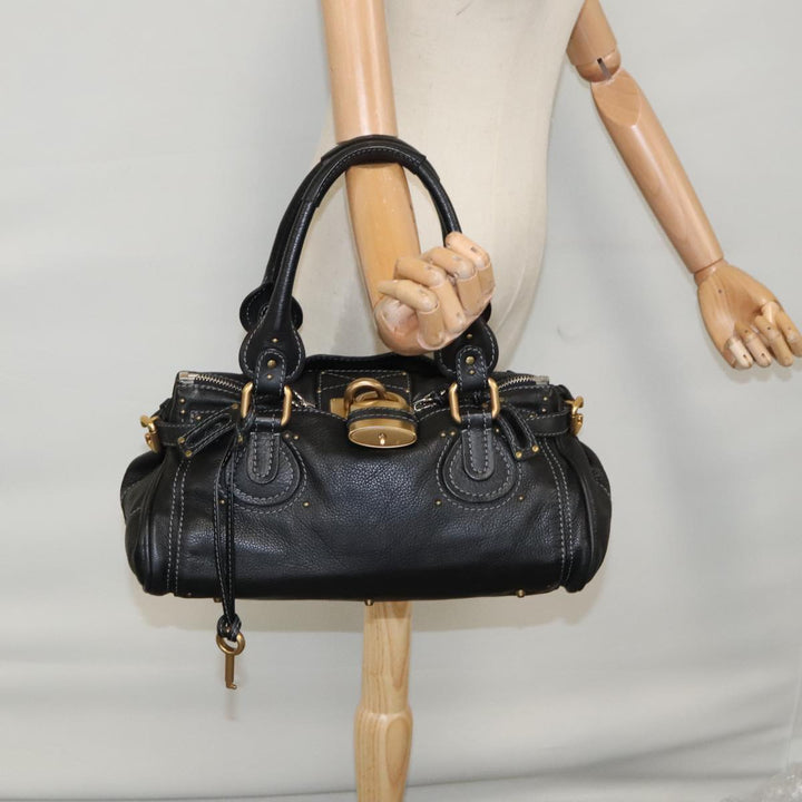 Chloe Paddington Hand Bag Leather Black Gold Silver am7438
