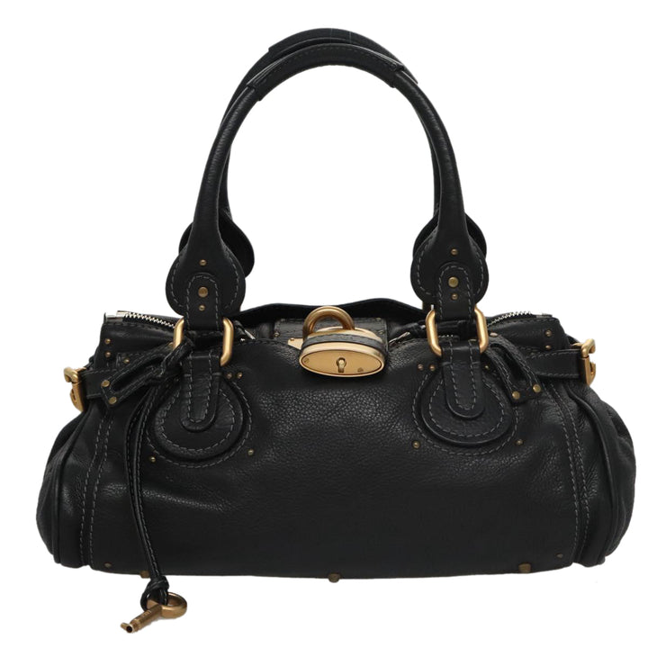 Chloe Paddington Hand Bag Leather Black Gold Silver am7438