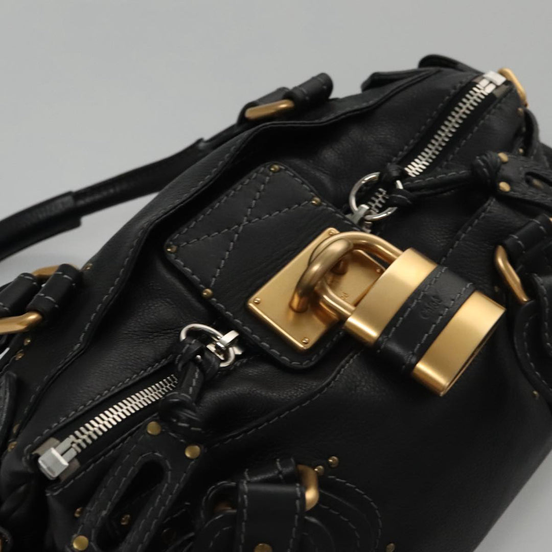 Chloe Paddington Hand Bag Leather Black Gold Silver am7438