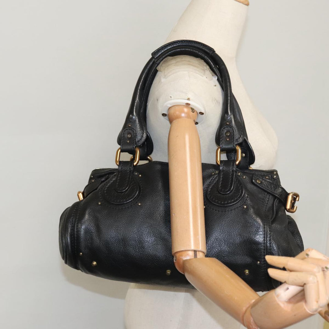 Chloe Paddington Hand Bag Leather Black Gold Silver am7465