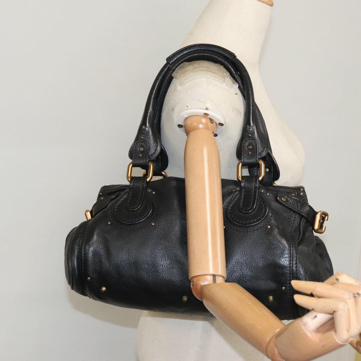 Chloe Paddington Hand Bag Leather Black Gold Silver am7465