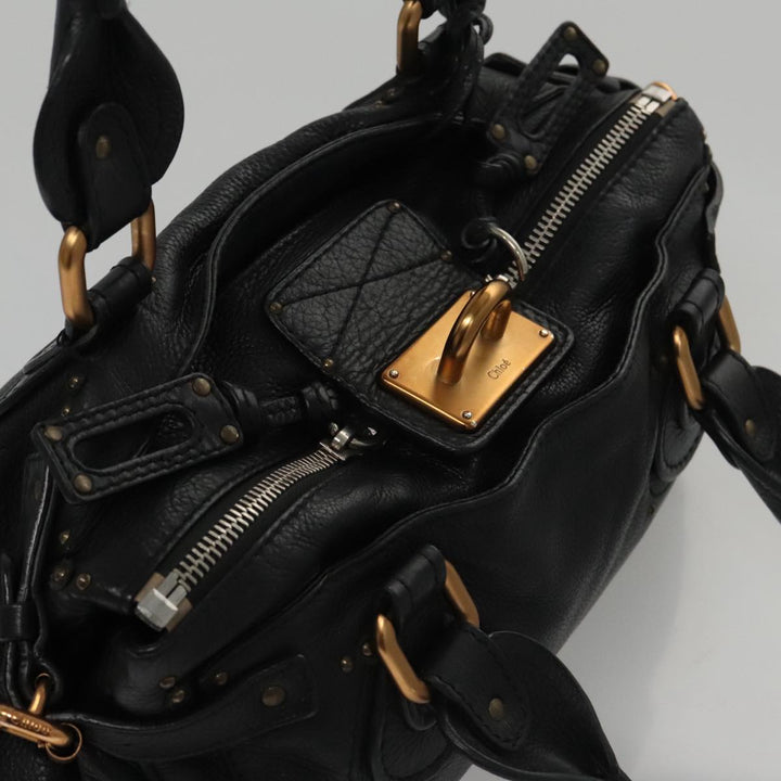 Chloe Paddington Hand Bag Leather Black Gold Silver am7465