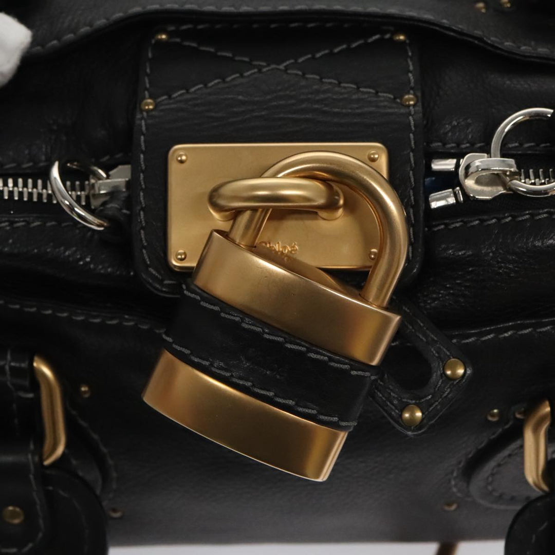 Chloe Paddington Hand Bag Leather Black Gold Silver am7478