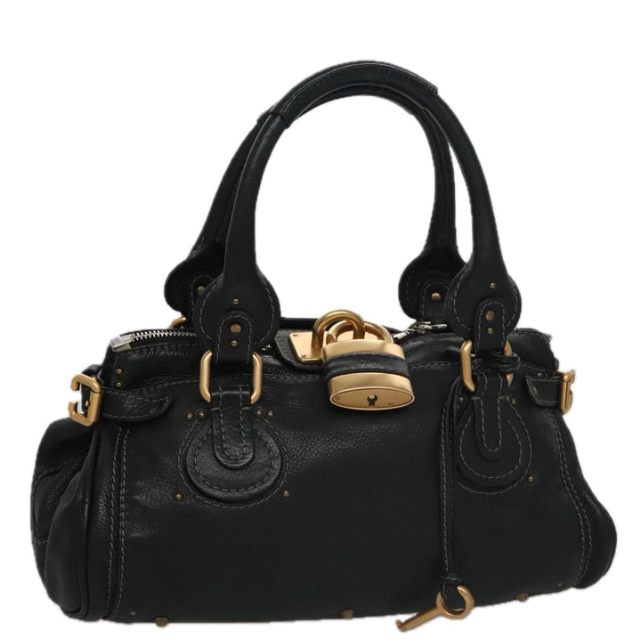 Chloe Paddington Hand Bag Leather Black Gold Silver am7478