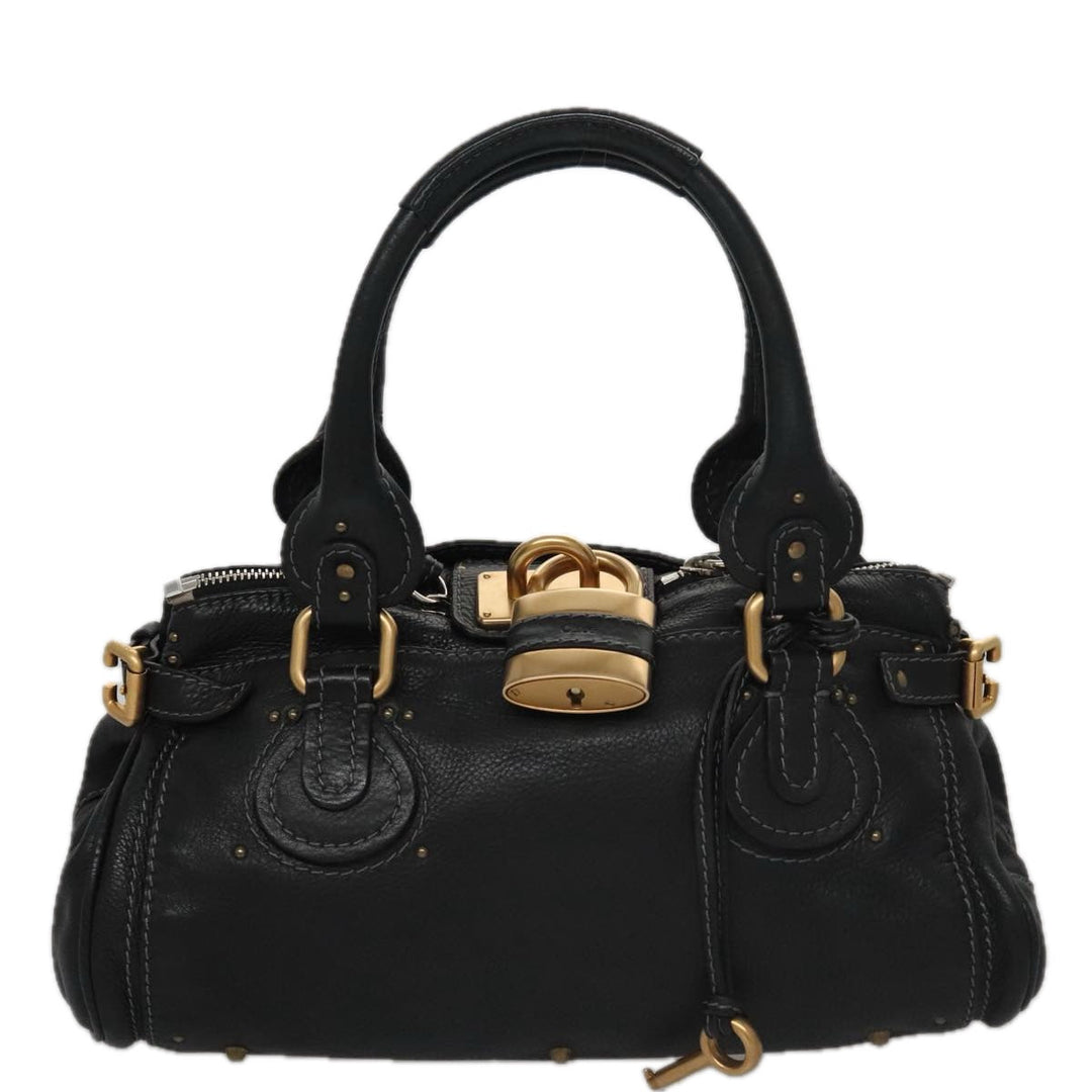 Chloe Paddington Hand Bag Leather Black Gold Silver am7478