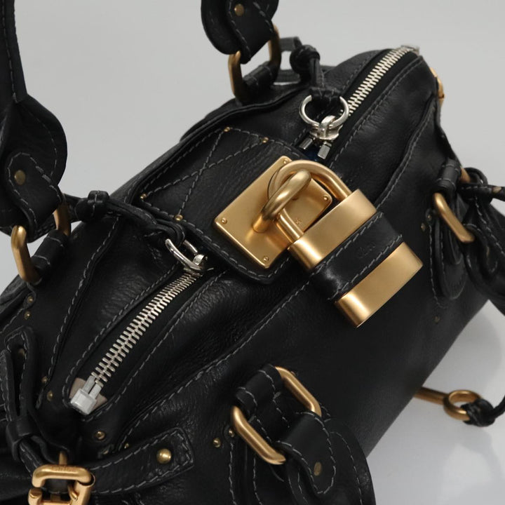 Chloe Paddington Hand Bag Leather Black Gold Silver am7478
