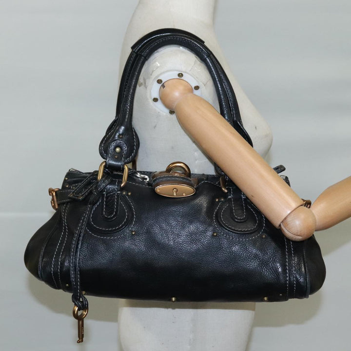 Chloe Paddington Hand Bag Leather Black Gold Silver am7481