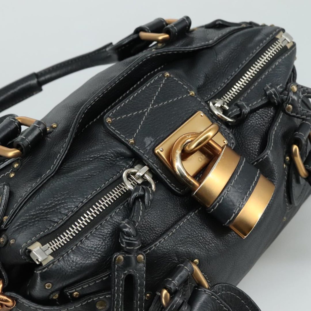 Chloe Paddington Hand Bag Leather Black Gold Silver am7481