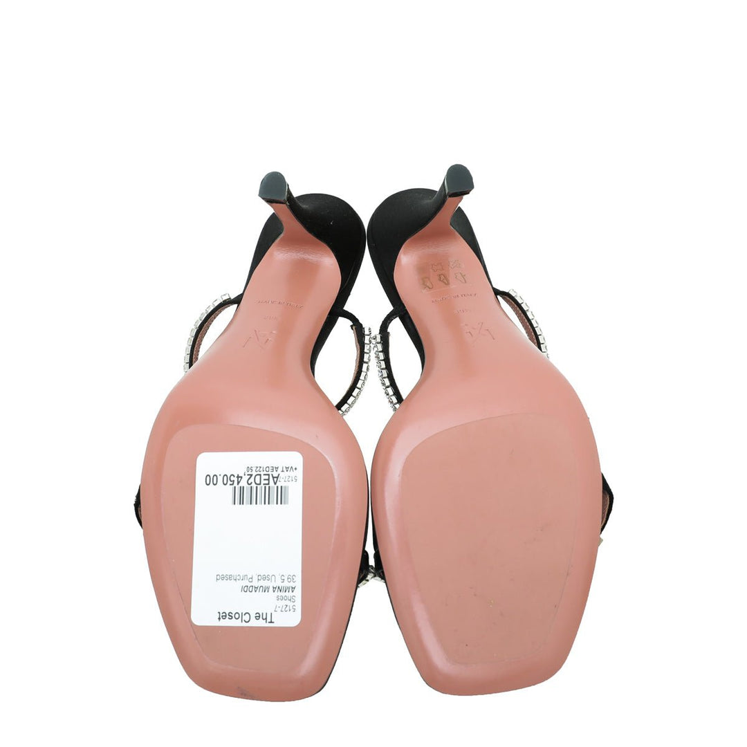 Amina Muaddi Black Satin Gilda Sandals 39.5