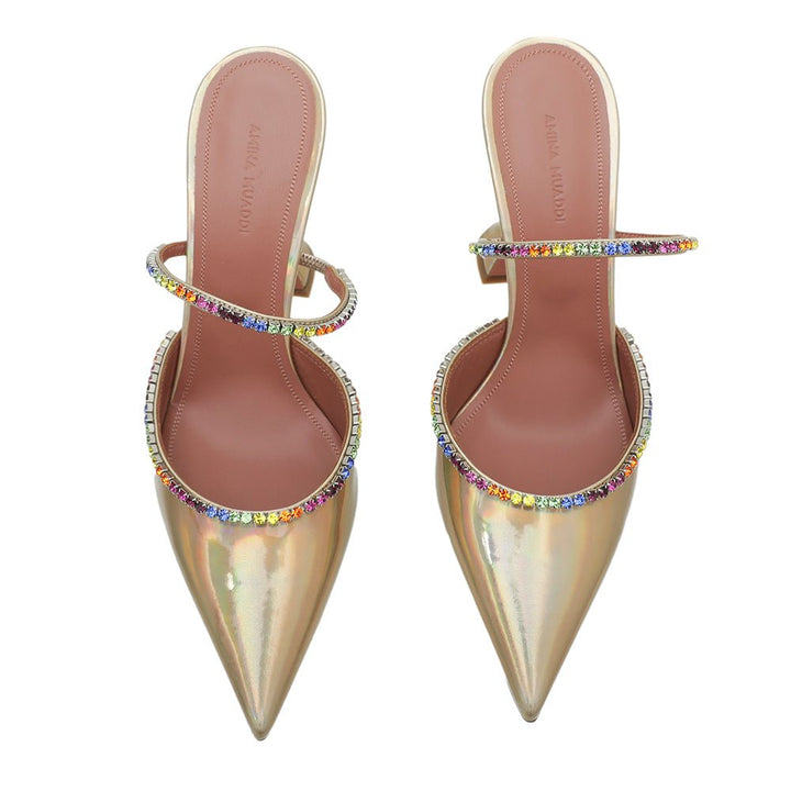 Amina Muaddi Laser Champagne Gilda Mules Hologram 40