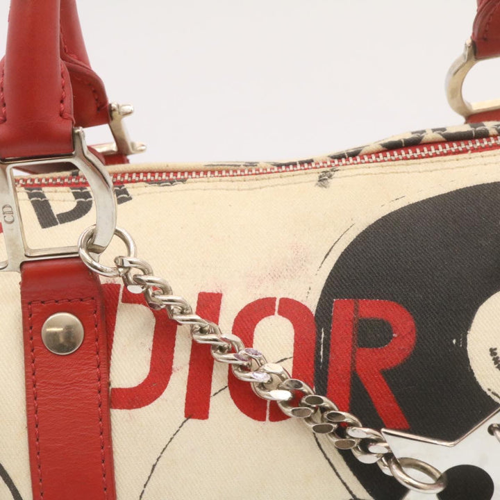 CHRISTIAN Top quality Dior Pop Line Hand Bag Canvas White Red Auth ar4800