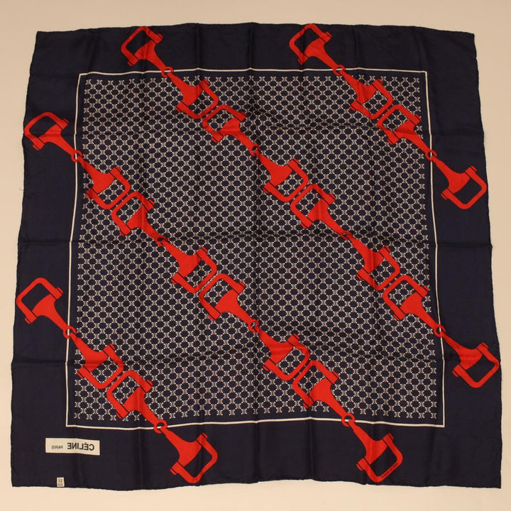 Celine Macadam Canvas Scarf Silk Navy Red  ar9644
