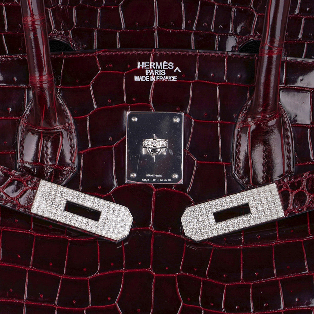 Top quality Hermes Birkin 35 Bag Diamond Bordeaux Porosus Crocodile with White Gold Hardware