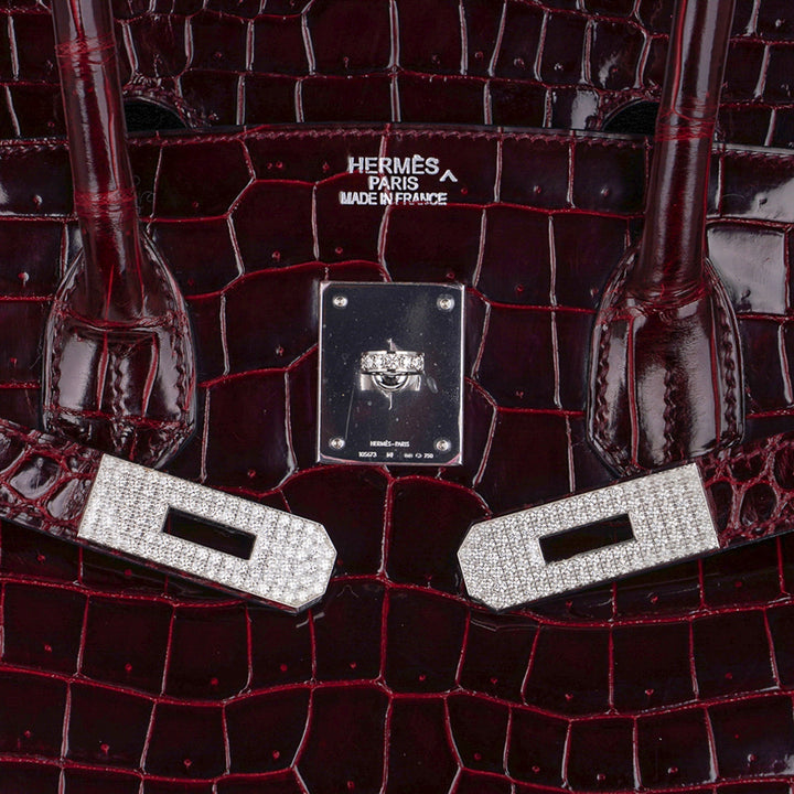 Top quality Hermes Birkin 35 Bag Diamond Bordeaux Porosus Crocodile with White Gold Hardware