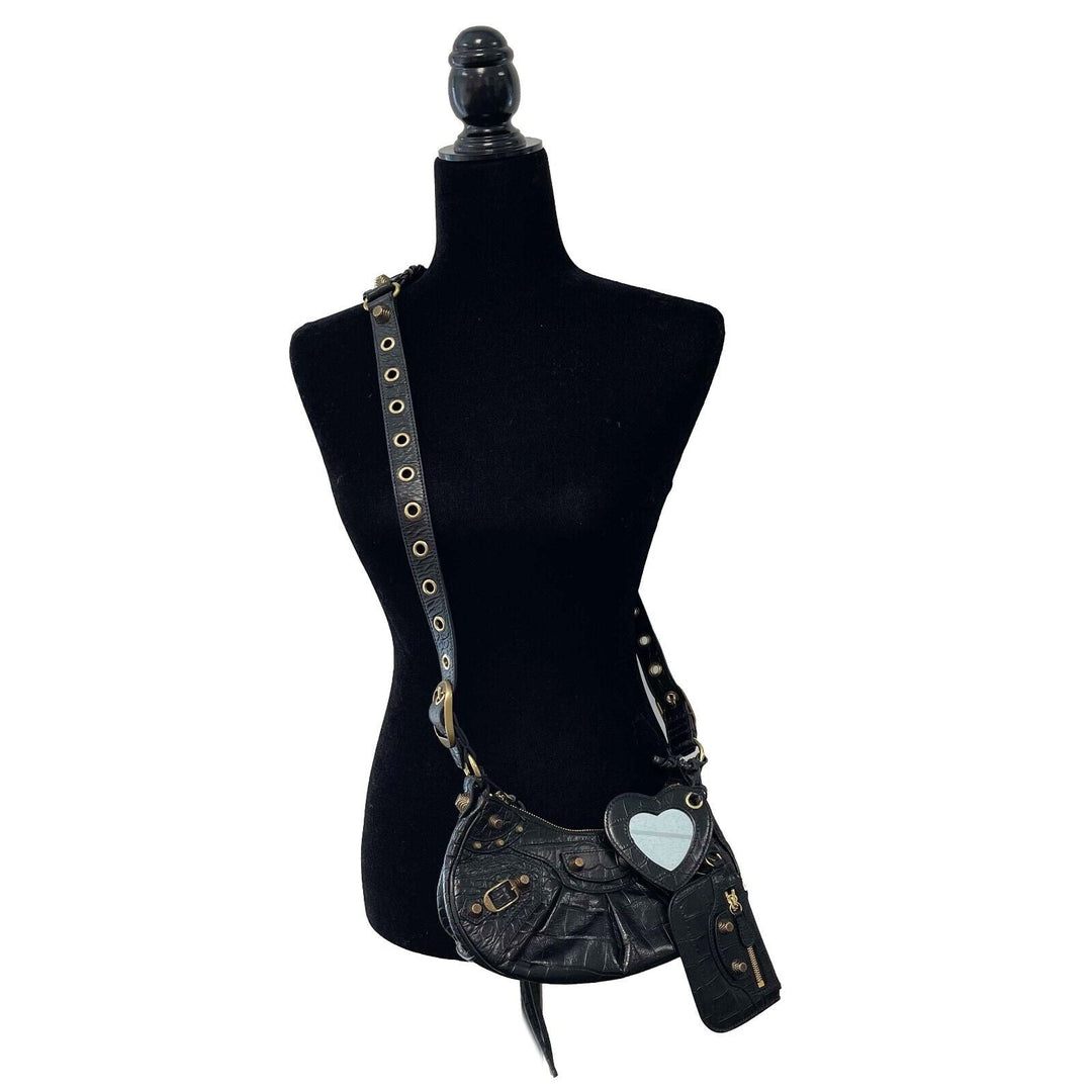 Top Quality Balenciaga - XS Shoulder Bag Crocodile Embossed Black Studded Shoulder Bag NEW