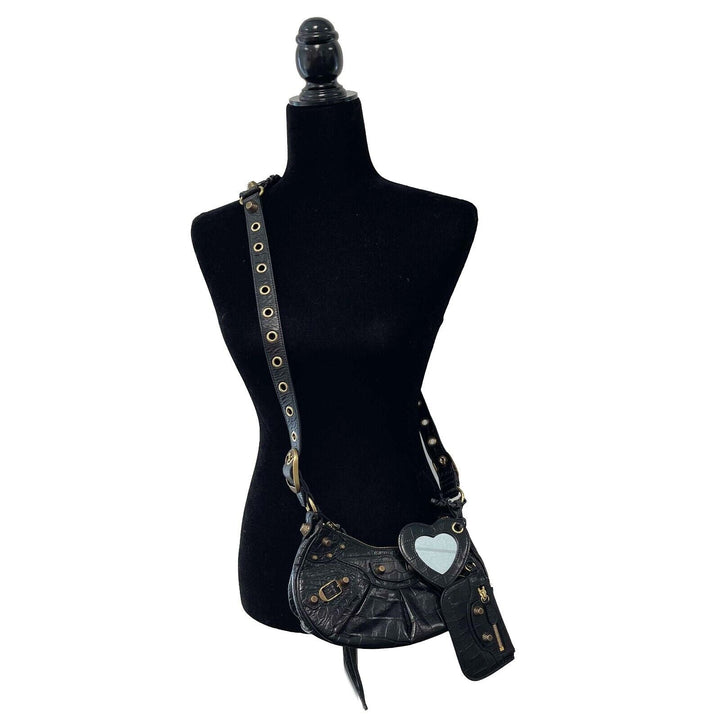 Top Quality Balenciaga - XS Shoulder Bag Crocodile Embossed Black Studded Shoulder Bag NEW