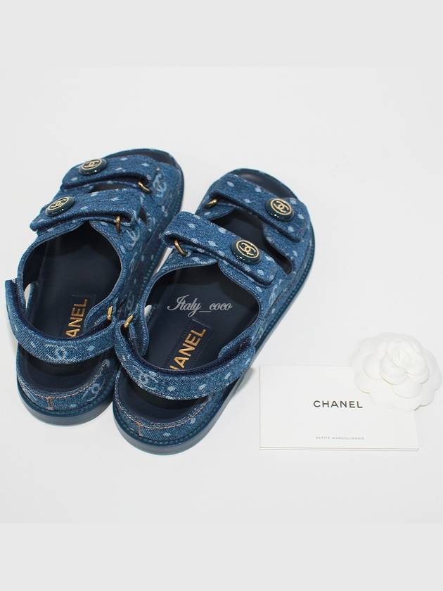 Printed Denim Velcro Sandals Blue Chanel