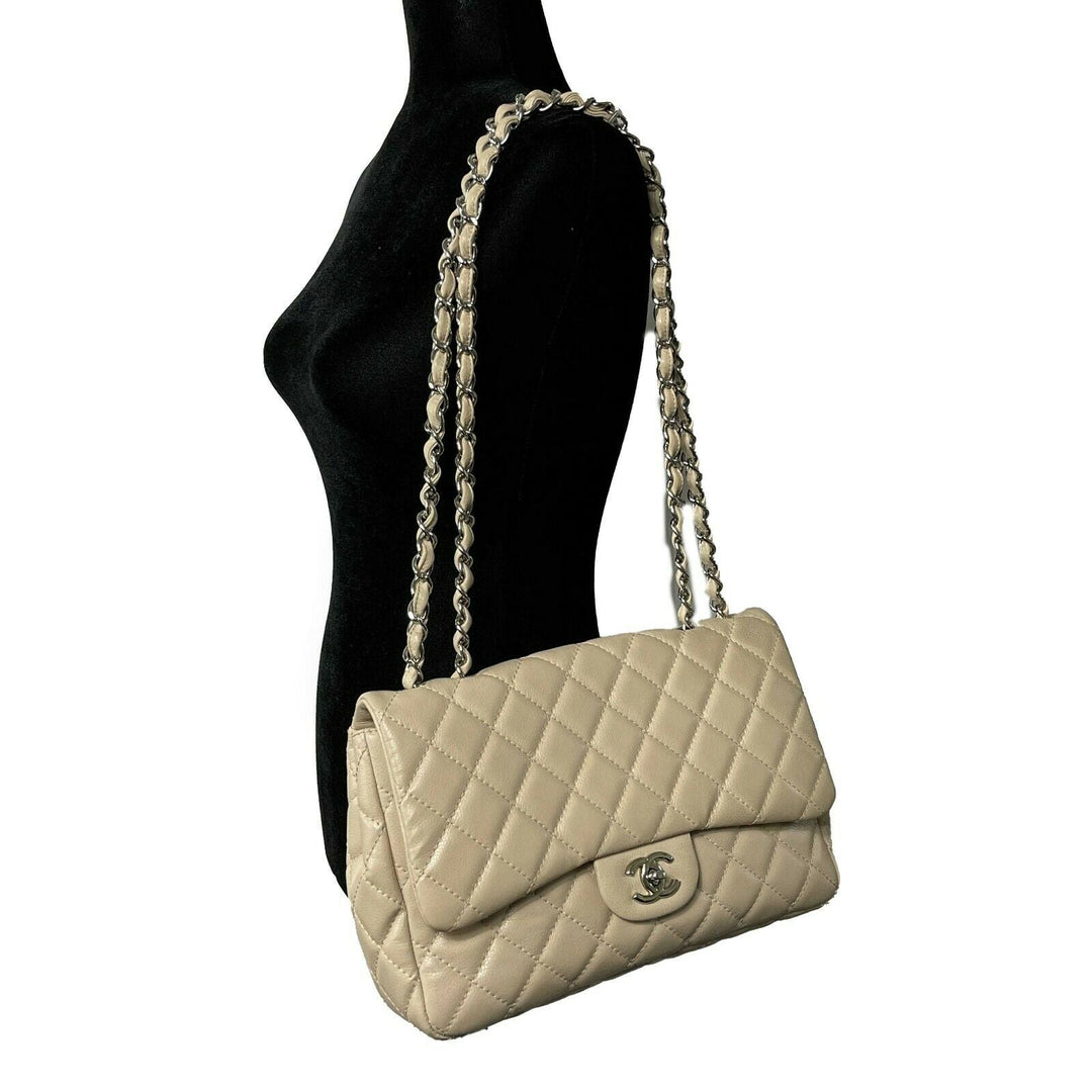 Chanel - Jumbo Lambskin Quilted Single New - Beige / Silver Shoulder Bag