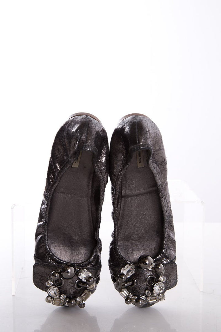 Miu Miu Metallic Grey Leather Crystal Embellishments Ballet Flats SZ 38.5