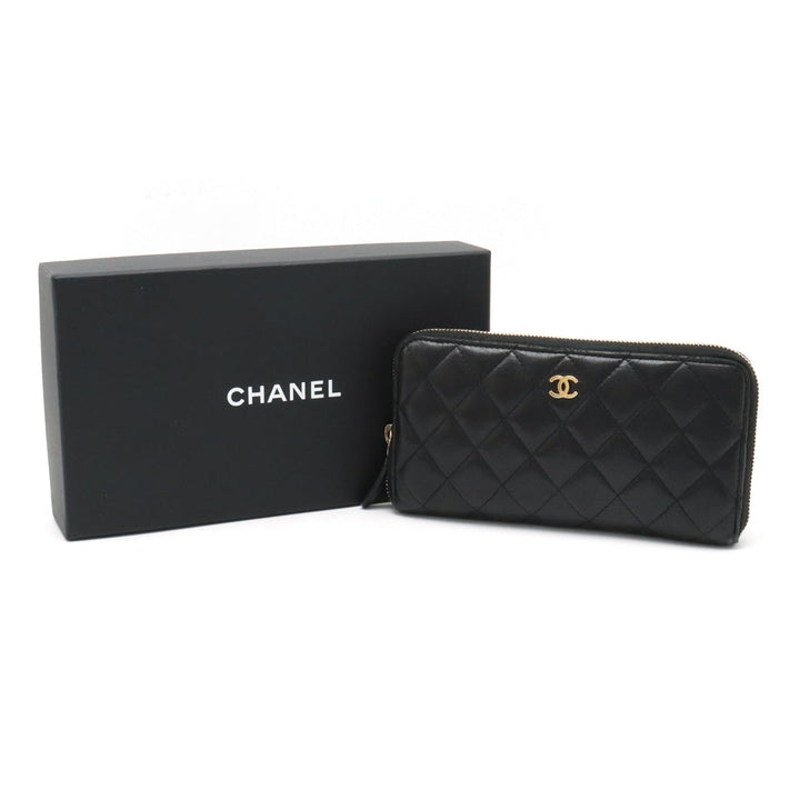 Top Quality Chanel MATRACE COCOMARK ROUNDFASNER Long Wallet Leather Black Black Gold  A50097