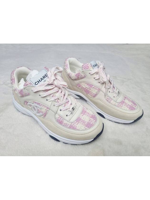 CC Logo Cotton Tweed Suede Calfskin Low Top Sneakers Pink Ecru Chanel