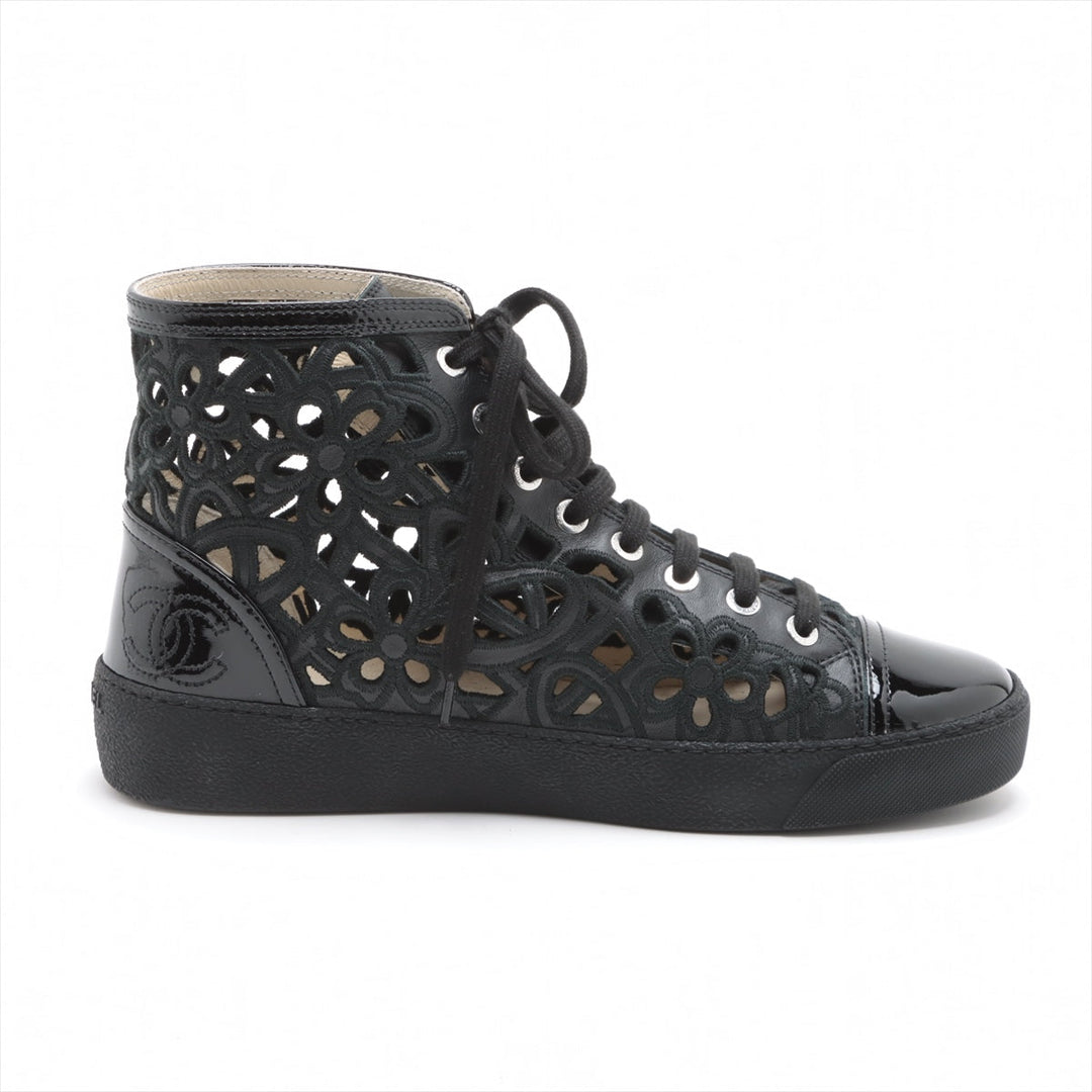 Top Quality Chanel Coco Leather X Fabric High-Cut Trainers 38  Black Flower Race